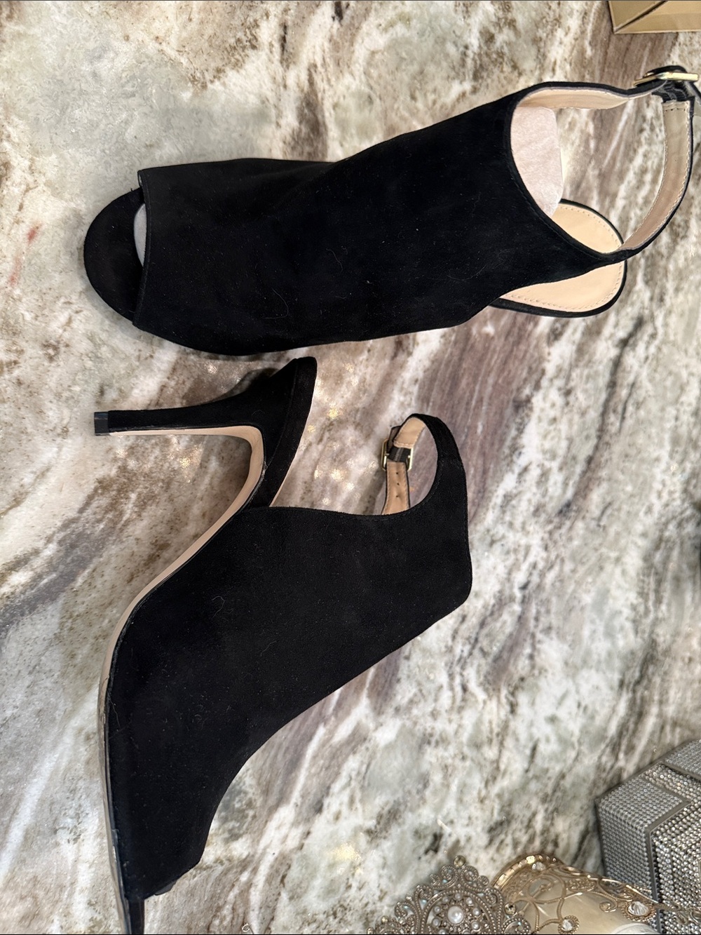Boston Proper Black Suede Peep-Toe Slingback Mules